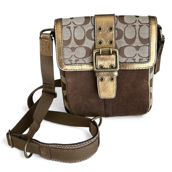 Coach Legacy Suede Signature Canvas Bronze Brown Buckle Flap Crossbody Bag 7x8x1 - Picture 11 of 16
